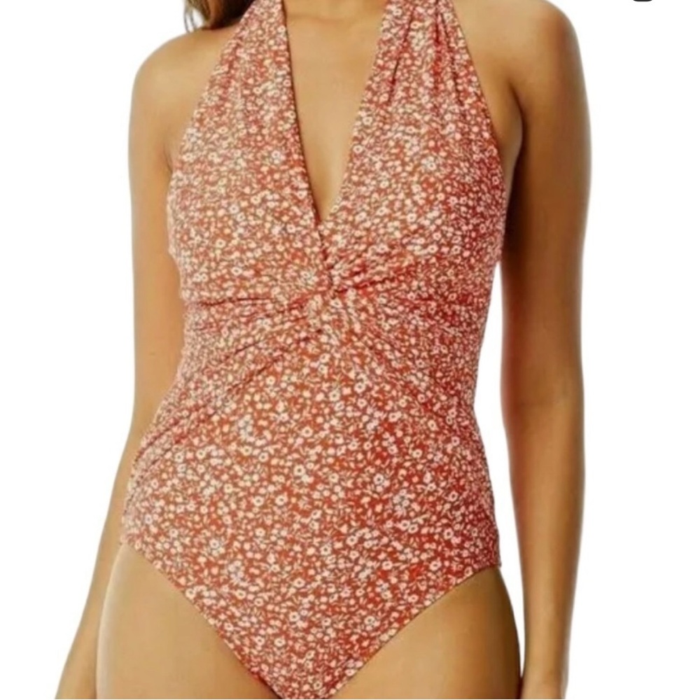 MICHAEL Kors Floral Deep V-twist Halter One-piece Swimsuit Terracota